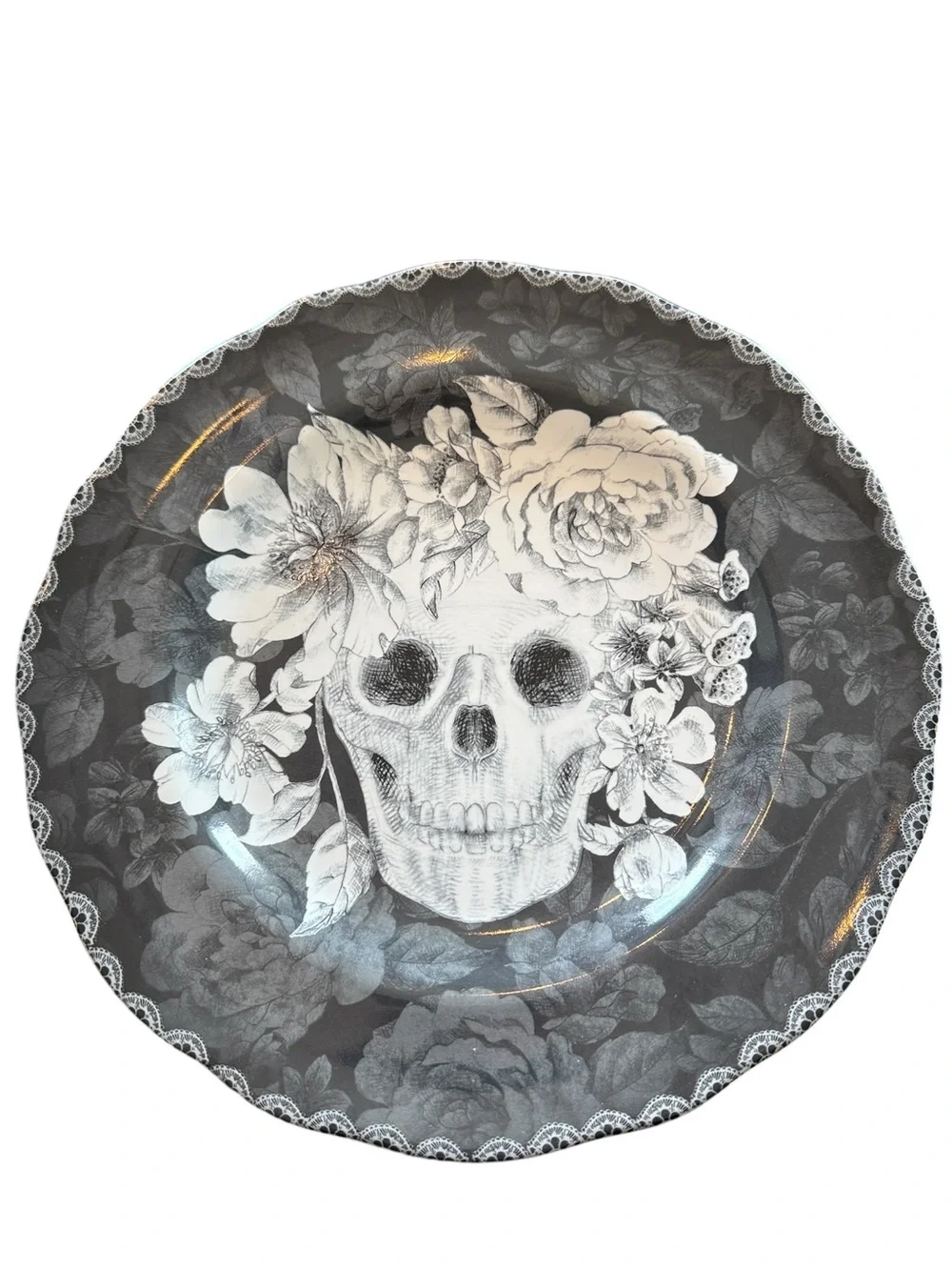222 Fifth Marbella Skull Dinner Plates Set of 3 Gothic Floral Halloween 10.5”